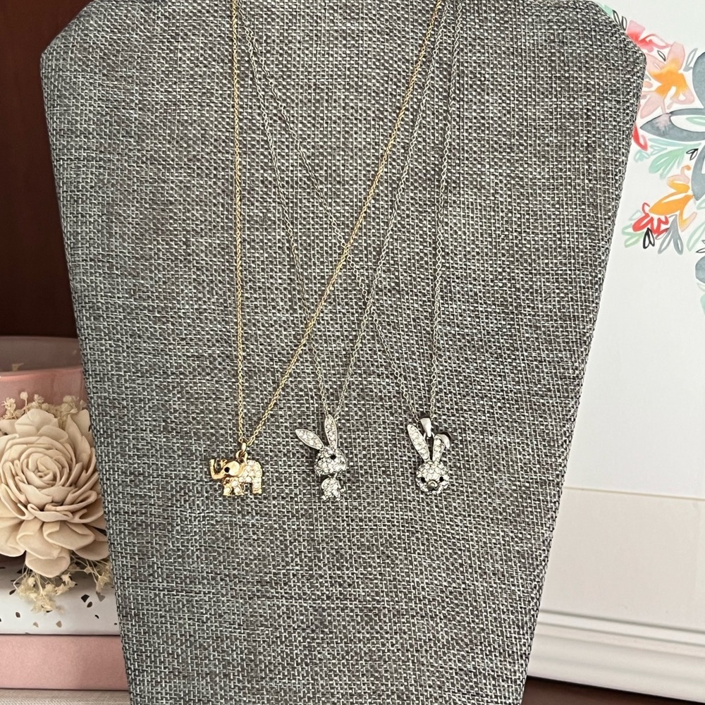 Gold Elephant and Silver Rabbit / Bunny Rhinestone Pendant Necklaces